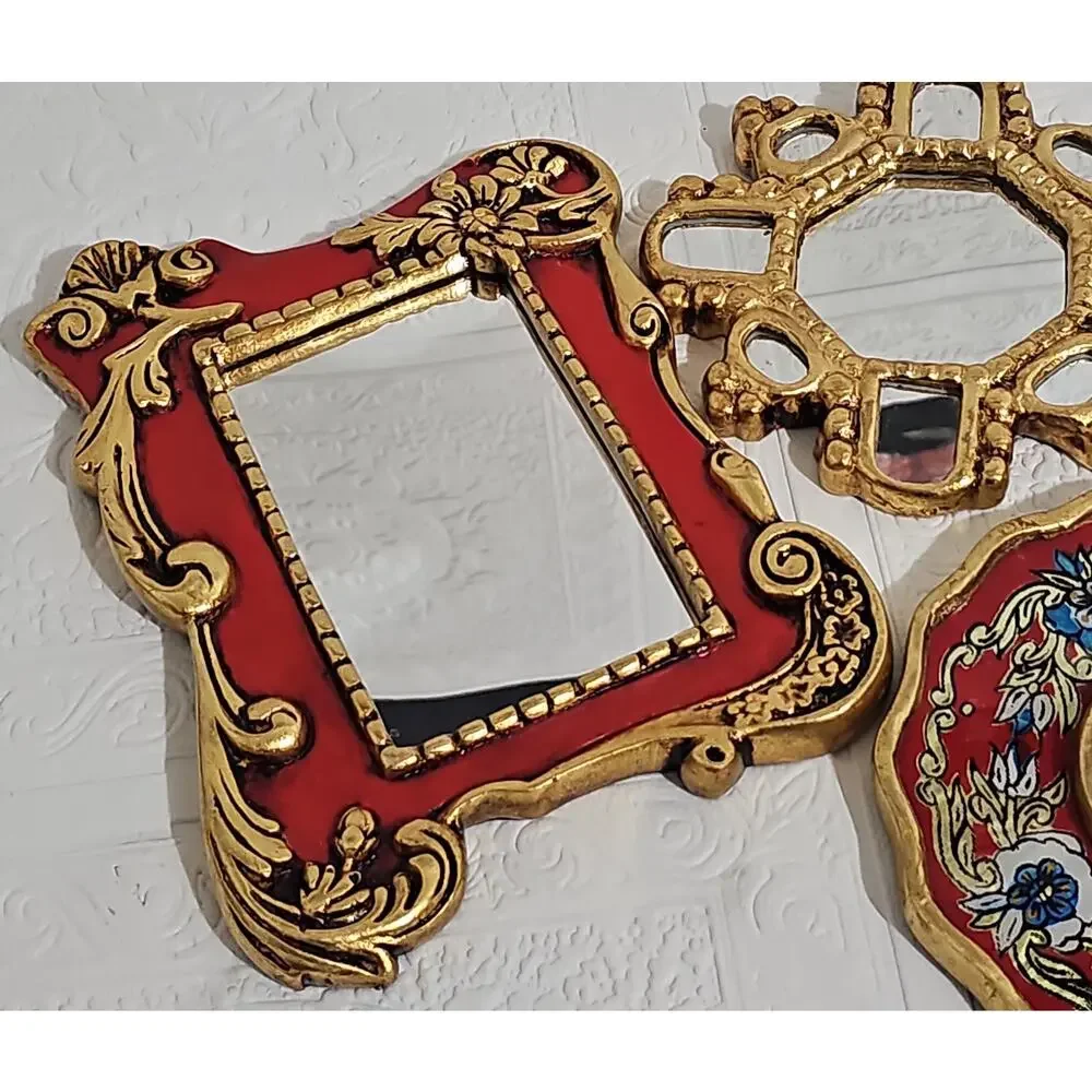 Vintage Red and Gold Ornate Accent Mirror Wall Hanging Scroll Accent Floral